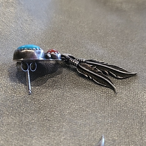 Vintage Turquoise Coral & Feather Silver Drop Earrings - Picture 5 of 6